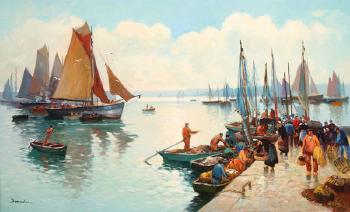 Boats on the wharf by 
																			Eugene Demester