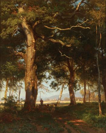 Wooded landscape with shepherd and distant mountains by 
																			Karl Julius Emil Ludwig