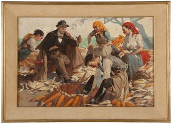 Figures listening to a storyteller while shucking corn by 
																			Emerich Vizkelety