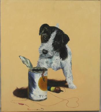 Puppy with fishing line and worms by 
																			Morgan Dennis