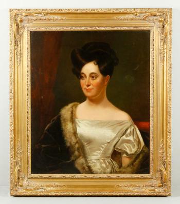 Portrait of a young woman in satin dress by 
																			Washington Allston