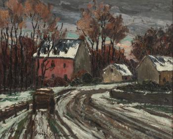 Snow covered road with houses by 
																	Maurice Trochain-Menard