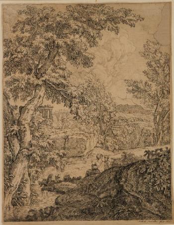 Two figures sitting on a hillside. Figures in a mountain landscape by 
																			Robert Pranker