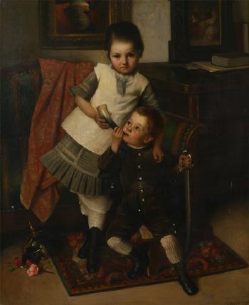Brother and Sister in interior, playing with grandfathers military items by 
																			Franz Nechutuny