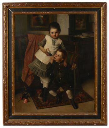 Brother and Sister in interior, playing with grandfathers military items by 
																			Franz Nechutuny