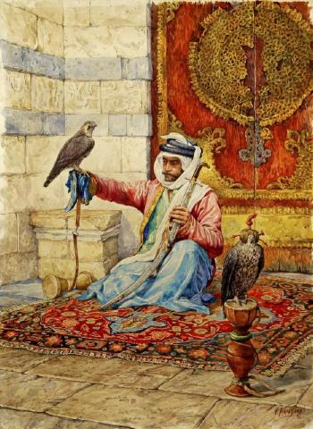 Arab falconer in a Moorish interior by 
																	Nikolaj Nikolaevic Karazin