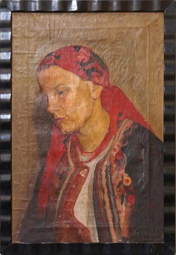 Portrait of a woman, head and shoulders wearing a head scarf turned to the right by 
																	Jerzy Karszniewicz