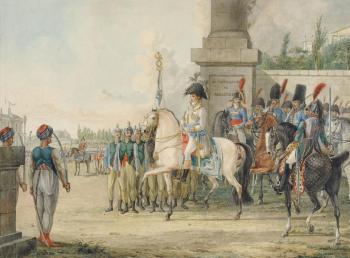 The review at the champ de Mars - Napoleon, in white uniform mounted on a dun horse and attended by his Marshals by 
																			Johannes Vinkeles
