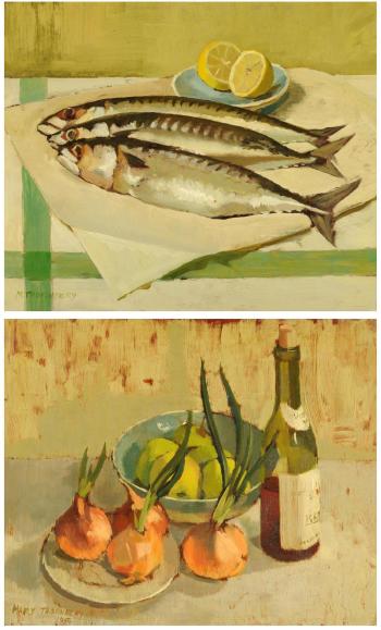 Still life of mackerel and lemons; Still life of sprouting onions, apples and a bottle of wine by 
																			Mary Thornbery