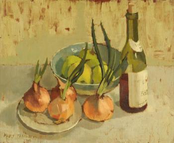 Still life of mackerel and lemons; Still life of sprouting onions, apples and a bottle of wine by 
																			Mary Thornbery