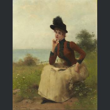 Jeune femme lisant dans un paysage maritime by 
																	Jules Frederic Ballavoine