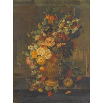 Still life of mixed flowers in an urn with birds nest, mouse and butterfly on a ledge by 
																	Jean Francois Eliaerts