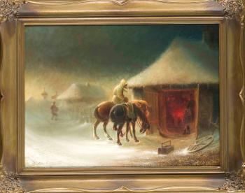 Zwei Reiter vor der Schmiede im Schneesturm by 
																	Wladimir Lukowsky