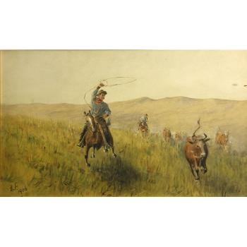 Cowboy with lasso; Riders herding cattle (a pair) by 
																			Alfred Villiers Farnsworth