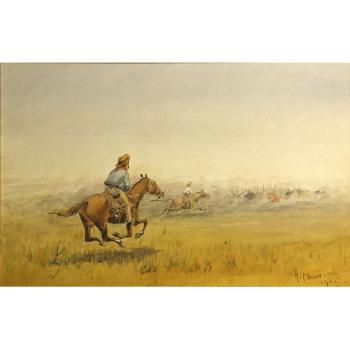 Cowboy with lasso; Riders herding cattle (a pair) by 
																			Alfred Villiers Farnsworth