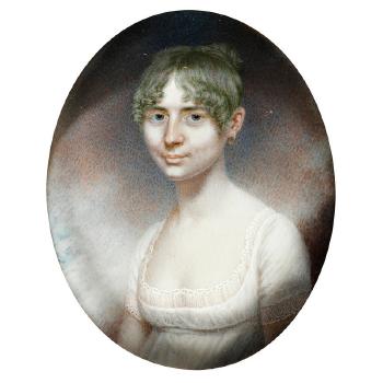 A portrait miniature of a Lady, wearing white dress with lace trim and gold hoop earring by 
																	Peter Paillou