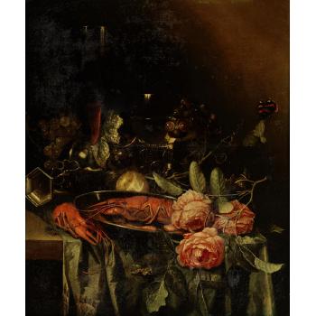 A still life of crayfish and roses on a pewter plate by 
																			Harmen Loeding
