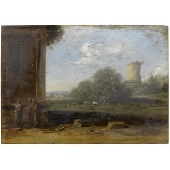 An Italianate landscape with figures conversing in the foreground by 
																	Gottfried Wals