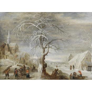 A winter landscape with travellers on a track, a village and woodcutters beyond by 
																			Frans de Momper