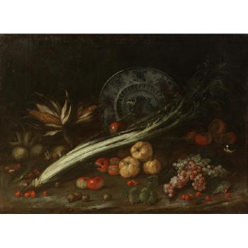 Apples, pears, grapes and celery with a blue tit and a blue and white dish on a forrest floor; and A basket of plums with pears, figs and other fruit on a forest floor by 
																			 Pseudo Fardella