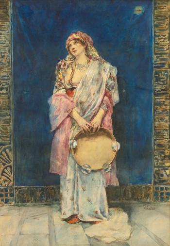 Standing woman with a tambourine by 
																	Joaquin Pallares y Allustante