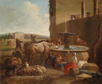 Herders and their cattle camping near a well by 
																	Jan van Ossenbeeck