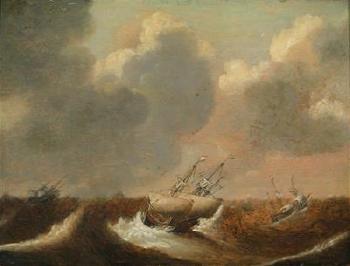 Ships in a storm by 
																	Claes Claesz Wou