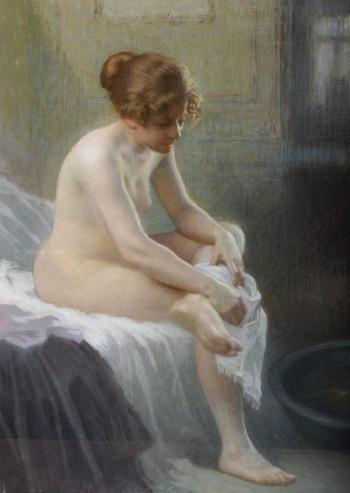 A seated nude female bathing her feet by 
																			Antony Troncet