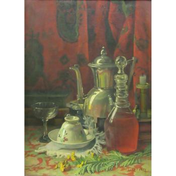 Still Life with Teapot, Wine Decanter and Candlestick by 
																	Jonas Joseph la Valley