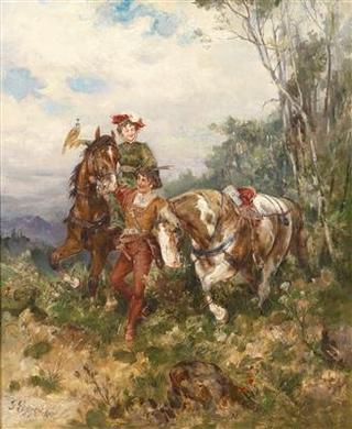 A Lady Falconer on Horseback with Companion by 
																	Gustav Eggena