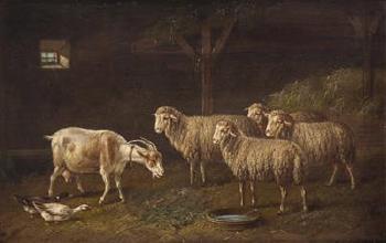 Ziege und Schafe im Stall by 
																			Adolf Nowey