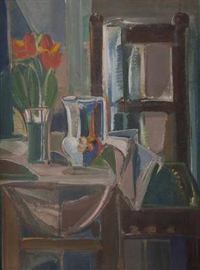 Vase mit Tulpen und Krug auf kleinem Tisch, mit Sessel by 
																			Ernst Paar