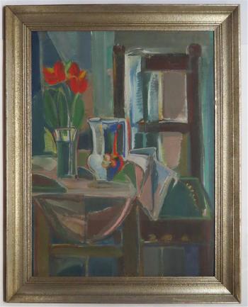Vase mit Tulpen und Krug auf kleinem Tisch, mit Sessel by 
																			Ernst Paar