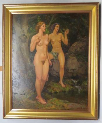 Zwei nackte Frauen an der Waldquelle by 
																			Ernst Liebermann