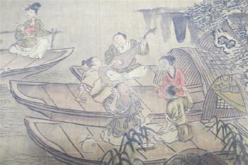 Rast einer Bootsgesellschaft vor Flußlandschaft by 
																			 Li Shida