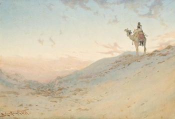 An Arab on a camel surveying the desert at dusk by 
																	Augustus Osborne Lamplough