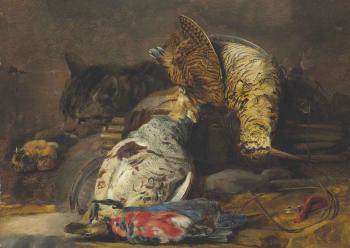 A woodcock, partridge, kingfisher, finches and a cat, with a decoy whistle and a wooden snare by 
																	Christiaan Luykx