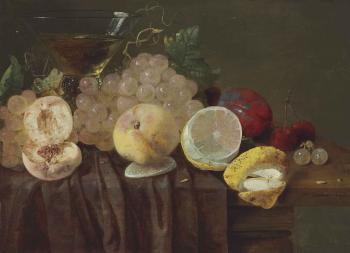 Grapes, Peaches, a Lemon, Plums, Cherries and a Roemer On a partially-draped table by 
																	Christiaan Luykx
