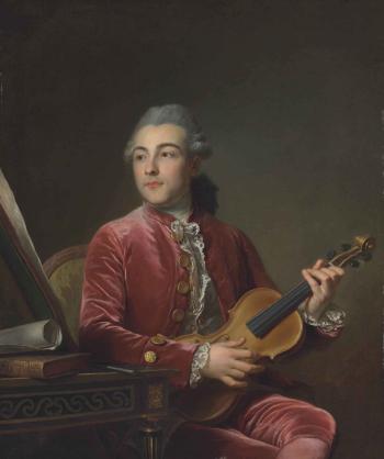 Portrait of a Gentleman, Half-length, Seated in a Red Velvet Jacket with a violin by 
																	Guillaume Voiriot