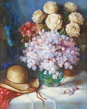 Composition aux fleurs et au chapeau by 
																	Charles Quoniam