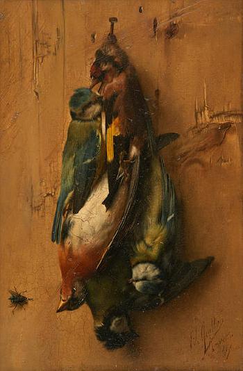 Oiseaux sur fond de trompe-l’œil de bois by 
																	Edovard Quitton