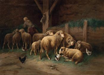 Fermière et son troupeau dans la bergerie by 
																	Jules G Bahieu