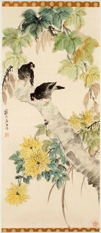 Two black birds on a blooming branch by 
																	 Han Ding