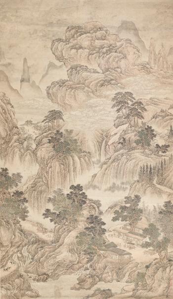 Cloudy mountain landscape with small village and figures by 
																			 Juran