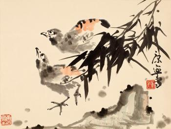 Two birds and bamboo by 
																			 Kang Ning