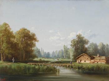 Idyllische Bachlandschaft mit Bauernhaus by 
																	Auguste Vyaret