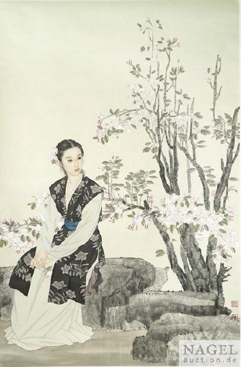 Schöne Damen mit Blütenstrauch, Lotus und Konifere by 
																			 Wang Meifang