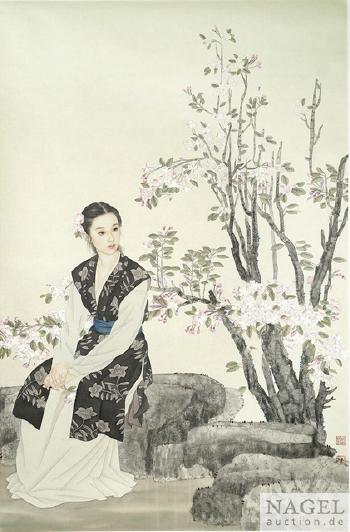 Schöne Damen mit Blütenstrauch, Lotus und Konifere by 
																			 Zhao Guojing