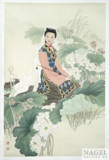 Schöne Damen mit Blütenstrauch, Lotus und Konifere by 
																			 Wang Meifang