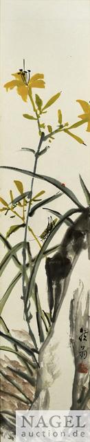 Hochformatige Malerei mit Heuschrecke auf Blütenstengel by 
																	 Pan Junnuo